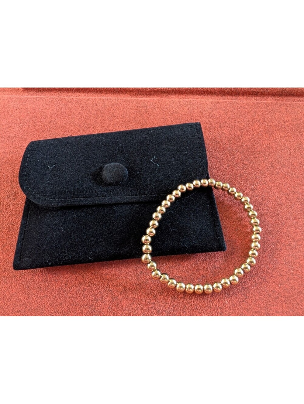 Gold Plated (?) Beaded Stretch Bracelet 6" New in Velvet Pouch